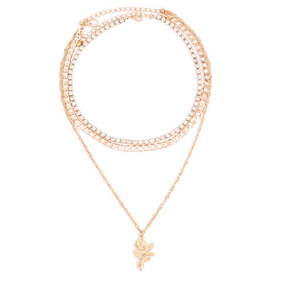 Layered Rose Pendant Rhinestone Gold Necklace - Picture 6 of 8